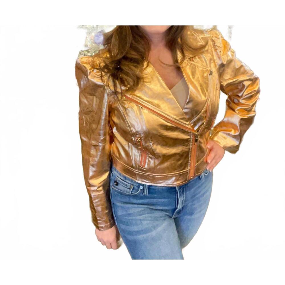 NEW STRUT & BOLT faux leather jacket in metallic copper